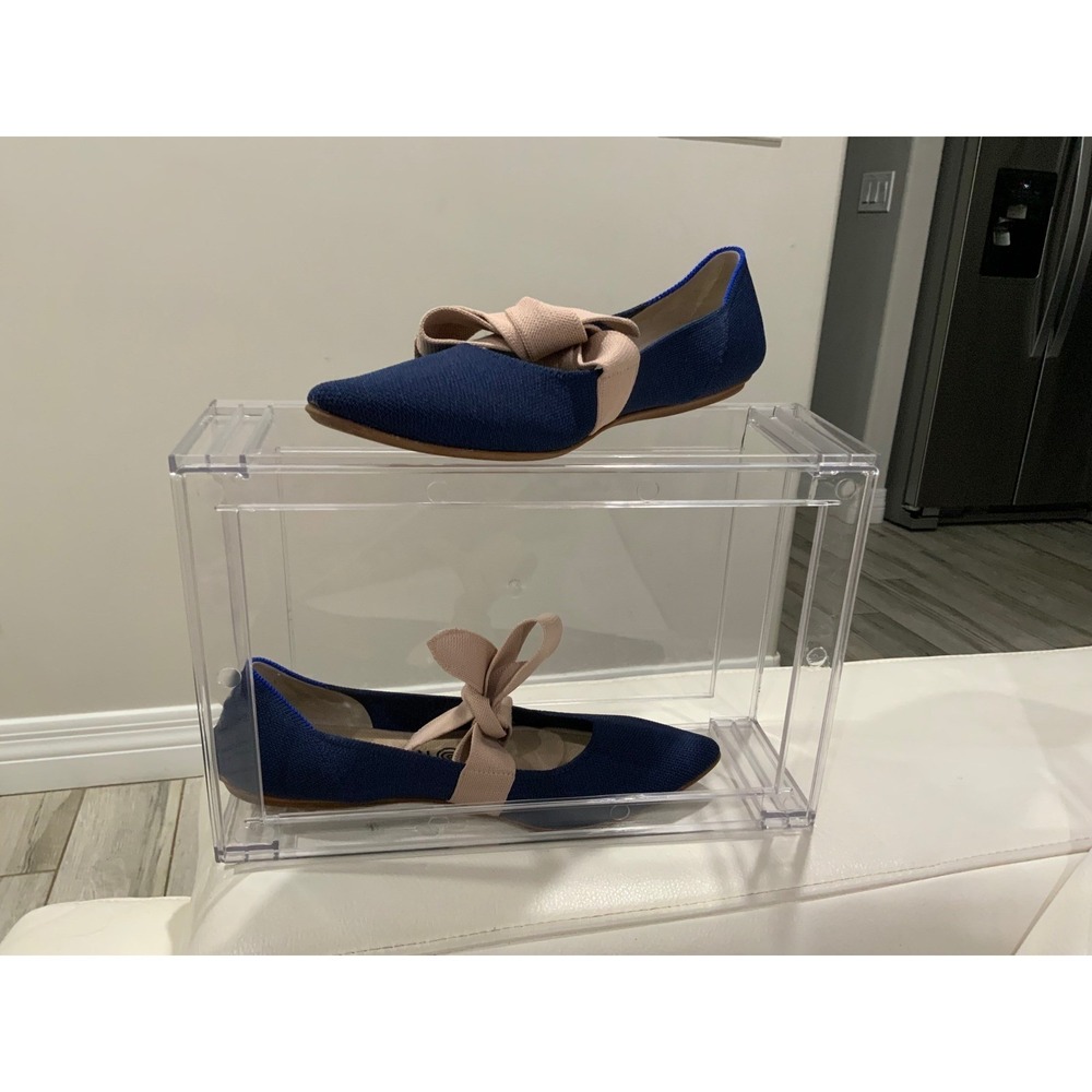 Rothy's The Point Navy Blue Pink Bow Ballet Flats Women 9.5 Pointed Toe Shoes
